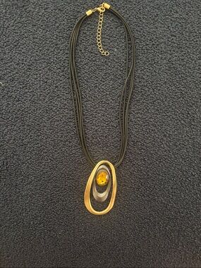 Gold and Black Pendant Necklace with Amber Stone - Women's Jewelry